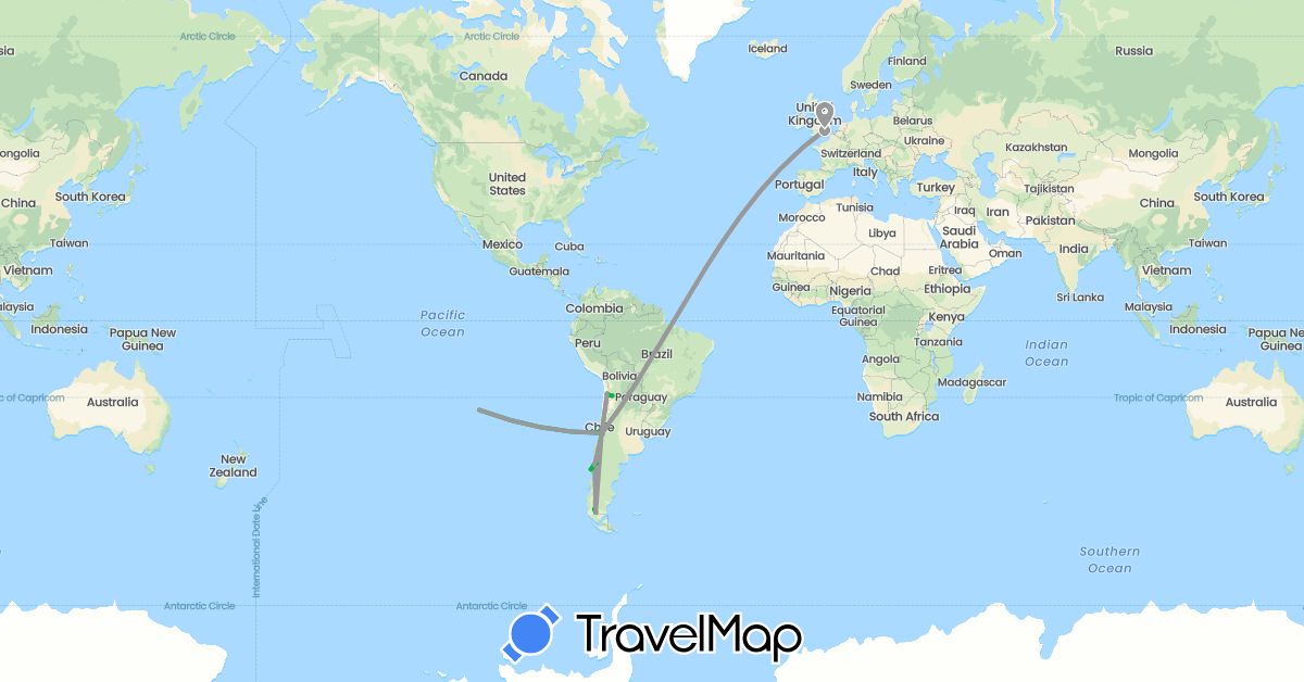 TravelMap itinerary: driving, bus, plane in Chile, United Kingdom (Europe, South America)